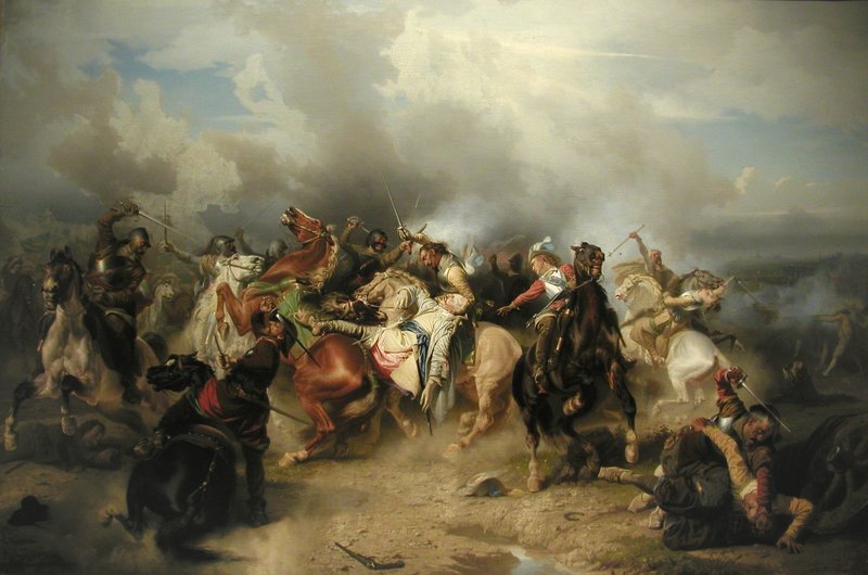 Chaos suite à la charge des cavaleries et le roi, mort, tombant de son cheval.