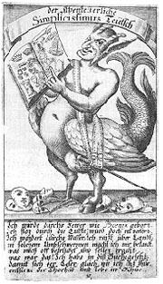 Une chimère mâle de profil tenant un livre et composée d'un pied de cheval et l'autre d'oiseau, d'une aile d'aigle et d'une queue de poison.