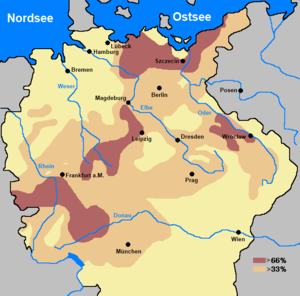 Sur un axe allant de la Lorraine à la mer Baltique, les régions du centre de l'Allemagne ont perdu entre 33% et 66% de leurs populations.