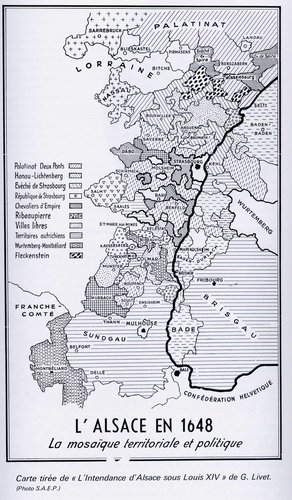 Carte montrant le morcellement de l'Alsace et environs.
